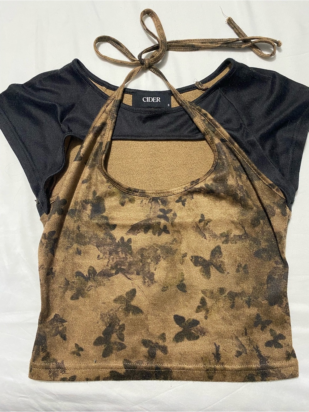 Cider Brown and Black Butterfly Halter Crop Top